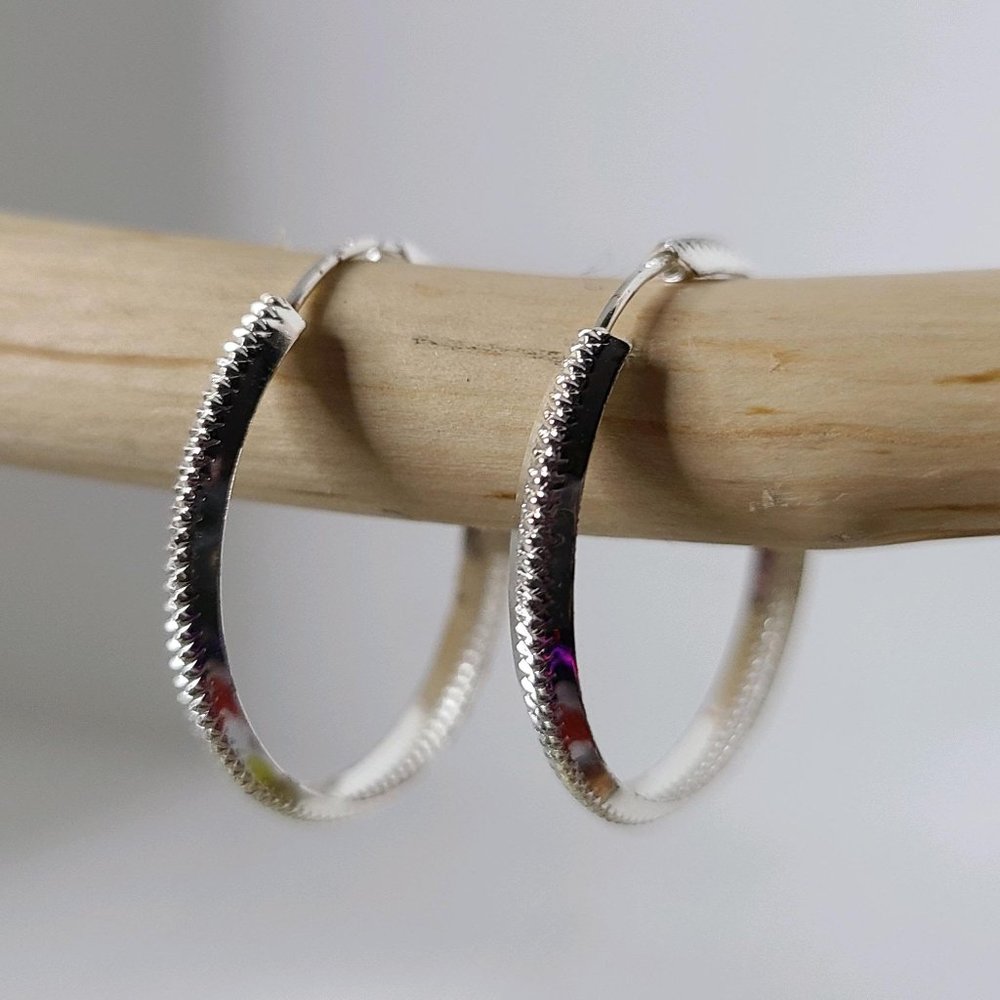 Vintage Sterling Silver Hoop Earrings, Marked .925, Etched, 3cm, Hollow EUC